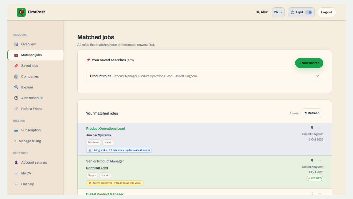 Matched jobs dashboard screenshot